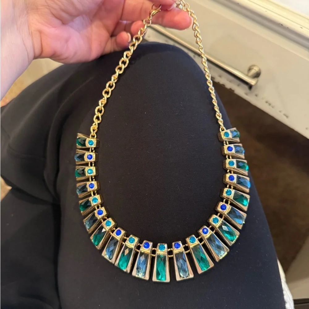 Gold and Blue Geometric Statement Necklace - Picture 3 of 6